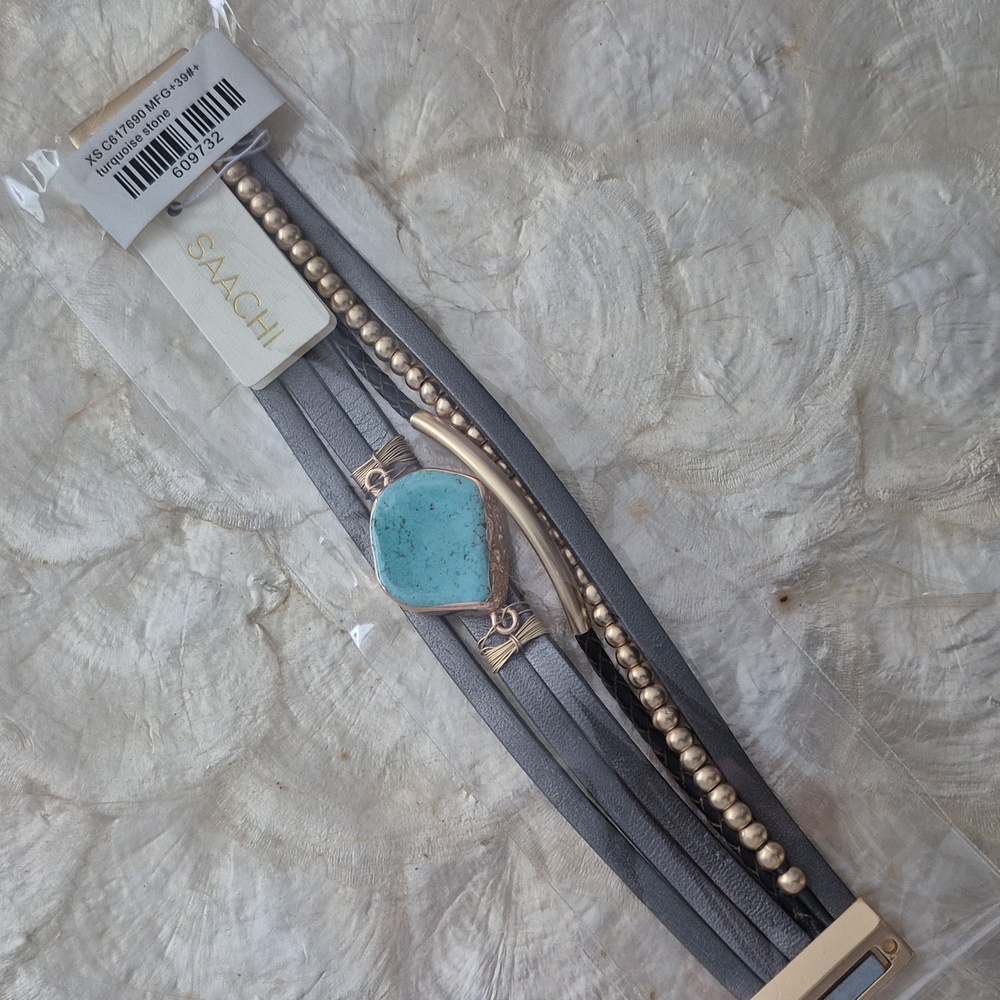 Saachi Turqoise Leather Wrap Bracelet, Boho Chic